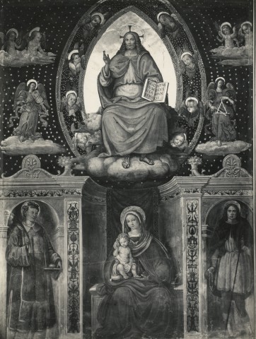 Anonimo — Turini Pietro - sec. XVI - Cristo Redentore benedicente in mandorla e angeli; Madonna con Bambino in trono tra santo Stefano e sant'Alessio — insieme